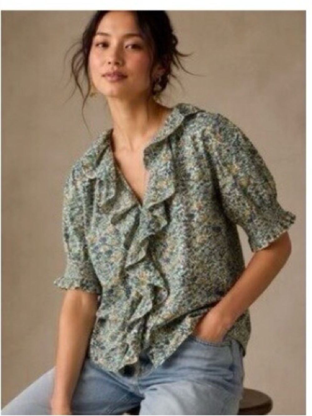 NATURAL LIFE Green Multi Floral Ruffle Blouse